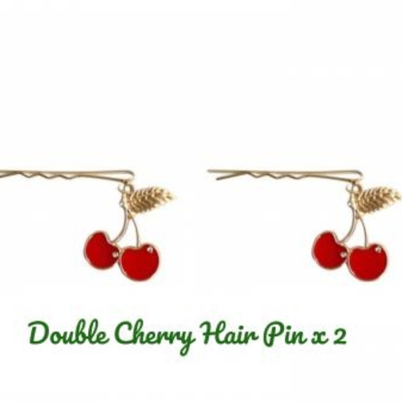 2 X Double Cherry Red Enamel Gold Hair Pins Boutique